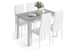Mondeer Esstisch mit 4 Stühlen Set, Essgruppe mit Hochlehner Kunstleder Stuhl für Küche Esszimmer Wohnzimmer, W120 x D90 x H75 cm, Weiß und Grau