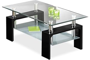 Blisswood Coffee Table For Living Room, Rectangle Glass Coffee Table With Stainless Steel Tube Support & Wooden Legs, Modern Coffee Table With Storage Glass Shelf for Living Room Furniture