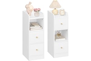 Hzuaneri Comodino Set di 2, Tavolino Stretto con 2 Cassetti, comodino con protezione superiore, per spazi ristretti, per Camera da Letto, Soggiorno, 30 x 24 x 65 cm, Bianco con venature del legno
