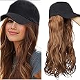Black Baseball Hat with Hair Attached Wigs Curly Body Wave Synthetic Hairpiece Cap Hair Extensions for Women (16", Light Brown)