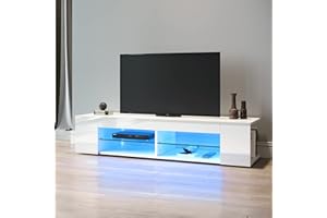 SONNI Mueble TV Blanco Brillo con Luces LED 12 Colores LED,Mesa de Salón para TV Estantes de Cristal 135 cm