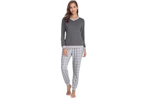 Nieery Pijamas Mujer Algodón Invierno Manga Larga Set Camiseta Cuello V y Pantalones Lunares Comodo Conjuntos para Hogar Suave