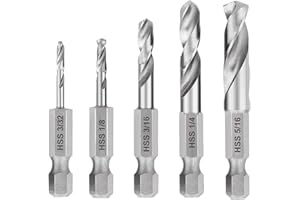 JCAKES Set di 5 punte esagonali a cambio rapido da 1/4", set di punte corte HSS M2,3/32, 1/8, 3/16, 1/4, 5/16 pollici, trapano con attacco esagonale, trapano angolare, set di punte HSS