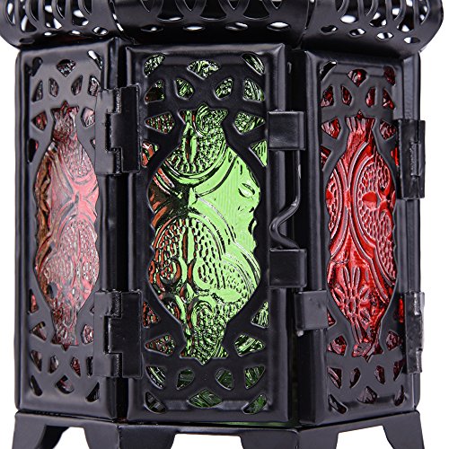 Marokkanischen Stil Matte Black Gusseisen Handgefertigte Octagonal Kerze Laterne mit Multicolor Strukturglas , Dekoration für Wohnzimmer, Balkon, Terrasse, Veranda und Garten - 5