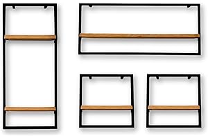 ‎HOLZ4HOME holz4home® 4-teiliges Wandregal Set I Eichenholz Schwarz gerahmt I Mit Baumkante, Natur geölt I Inkl. Befestigungen aus Stahl für Schweberegal Industrial Flair