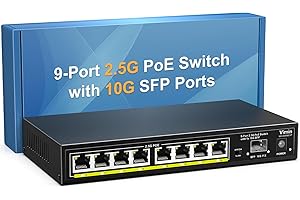 8 Port 2.5G Base-T PoE Switch Unmanaged, VIMIN 9-Port 2.5 Gigabit PoE Switch with 10G SFP, 60Gbps Switching Capacity, 120W Power Budget, VLAN, Support IEEE802.3af/at, Metal Housing, Fanless, Desktop