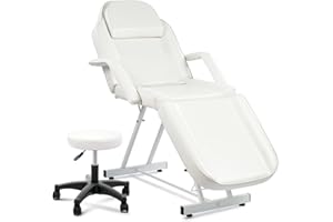 VONLUCE Beauty Bed, Adjustable Multiple Level Steel Frame 3 Section Leather Massage Bed 150kgs/330lbs Max Weight Capacity, Detachable Armrest & Headrest Massage Table Beauty Table, White