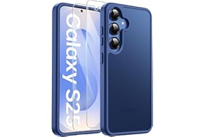 FLLAO Matt Handyhülle für Samsung Galaxy S25 Hülle und 2 Schutzfolie, mit Kameraschutz [Militärnorm Schutz] urchscheinende PC Rückseite TPU Bumper Hülle für Samsung S25 5G - Dunkelblau