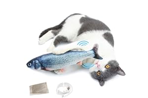 PeSandy Flopping Fish Cat Toy, 11'' Moving Cat Kicker Fish Toy with Sensor for Cat/Kitten Biting, Chewing and Kicking -Interactive Realistic Plush Simulation Doll Fish with Catnip Bag, USB Charging