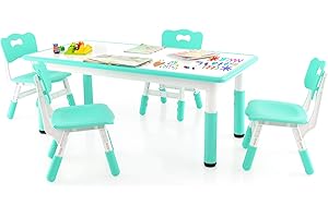 RELAX4LIFE Tavolino Bambini, con 4 Sedie, Tavolino e Sedie per Bambini in Altezza Regolabile, Tavolo con Piano Graffiti, Gambe Antiscivolo, Ergonomiche per Cameretta, Asilo e Nido (Verde)