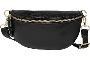 THEWAN. TheWan Demi Lune Petit Sac Banane Sac Poitrine Italien Cuir Italien Femme, Sac Demi Lune Porté Ceinture et de Travers Cuir Vachette,Dimensions: H12 x L 22 x P 5 cm (Noir Irisé)