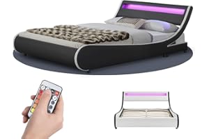 ‎JUSKYS Juskys Polsterbett Valencia 140x200 cm mit LED Beleuchtung, Lattenrost, Kopfteil & Kunstleder - Bett Jugendbett Bettgestell Doppelbett - schwarz