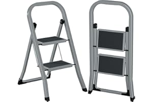 ‎AMHANCIBLE AMHANCIBLE Trittleiter, Leiter mit 2 Stufen, bis 150 kg belastbar, Klapptritt mit breitem Anti-Rutsch-Pedal und Klappsicherung, Einfach zu verstauen, Perfekt für Küche & Haushalt, Taubengrau EBSL02GY