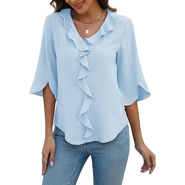 Gaharu Damen Arbeitsblusen Rüschen 3/4 Ärmel Dressy Top V Gaharu Damen Arbeitsblusen Rüschen 3/4 Ärmel Dressy Top V