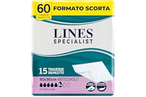 Lines Specialist Traversa 60x90, Traverse Salvaletto per Incontinenza Donna e Uomo, Strato Impermeabile e Antiscivolo, 4 Confezioni da 15 Unità