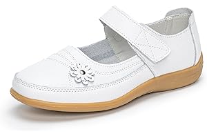 Rusffes Womens Leather Mary Jane Shoes Ladies Wide Fit Flat Shoes Casual Work Office Nurse Shoes