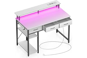 ‎ROLANSTAR Rolanstar Schreibtisch mit Schubladen, Computertisch mit Steckdosen & LED, Gaming Tisch mit Monitorständer, Regal & 2 Haken, Gaming Schreibtisch für Büro, Wohnzimmer(Weiß, 100x47x90,5cm)