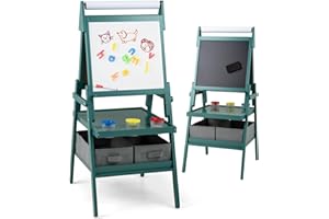 ‎DREAMADE DREAMADE 3 in 1 Kinder Staffelei, doppelseitige Staffelei mit magnetischem Whiteboard, Kreidetafel, Papierrolle, 4 Farbbechern & 2 Stoffboxen, Kunststaffelei für Kinder ab 3 Jahre (Dunkelgrün)