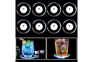 Aoreun sous-Verres à LED, Lot de 8 sous-Verres Rond colorés à LED pour Boissons, Bouton on/Off - Dessous de Verre en Acrylique étanche, pour fête Mariage Bar Noël