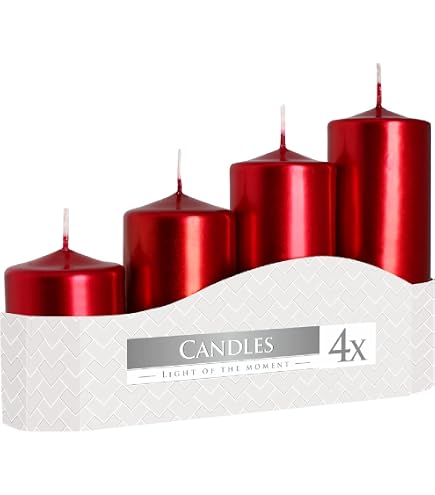 Stumpenkerzen 4er Set In Rot Metallic | Höhen 7, 9, 11, 13 Cm | Unparfümiert, Tropffrei | Für Advent & Dekoration