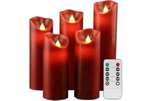 VETOUR Flameless LED RED Candles: 5PCS Battery Operated Candle H5 6" 7”8”9” D2.2 Real Wax Pillar Electric Fake Candles with Remote and Timer for Home Party Christmas Decor Gift (Modern Style/Red)
