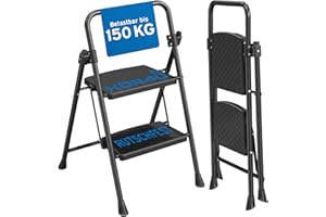 ‎KÖR4U kör4u Trittleiter 2 Stufen – bis 150 kg belastbar, klappbar & platzsparend, stabile Haushaltsleiter, rutschfeste Stufen, Stahlrahmen, schwarz