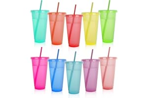 aquota 10PCS 24OZ Reusable Plastic Cups Tumblers with Lids and Straws Cold Drinks Tumblers Iced Coffee Cups for Adults and Kids for Gathering and Party