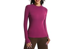 EBANKU Damskie topy z długim rękawem szyja warstwy bazowe obcisłe dopasowane jednokolorowe rozciągliwe koszulki topy