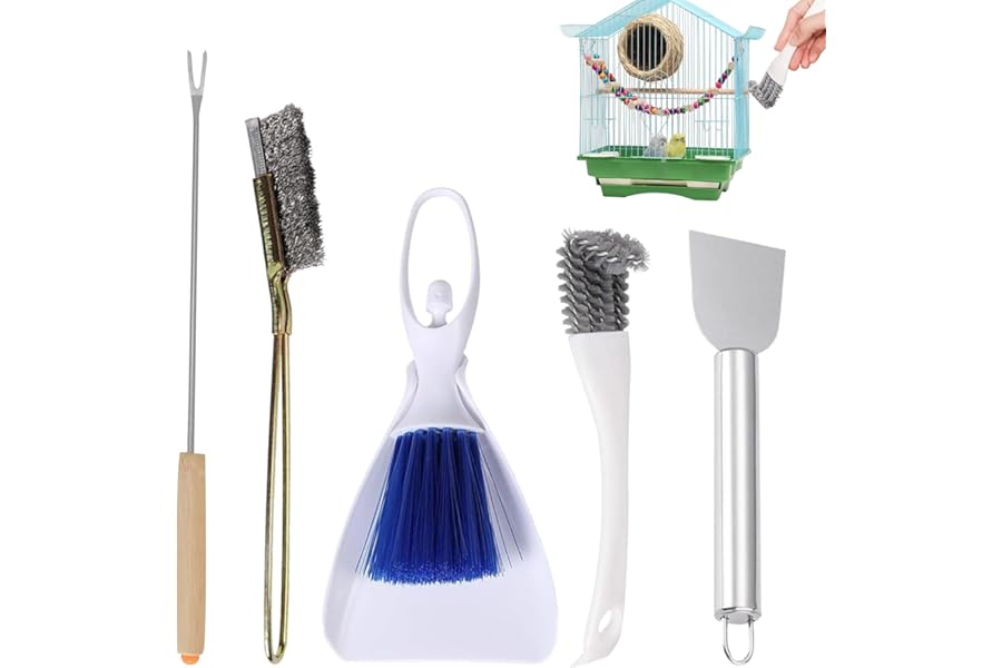 TFLPUO 5PCS Bird Cage Cleaner Set, Stainless Steel Cleaning Brush Droppings Remover & Scraper Tools Accessories for Bird Cages Parrot Budgie Guinea Pig Cage