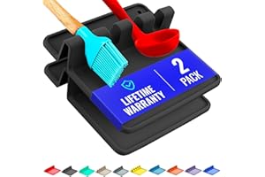 COOLER KITCHEN Silicone Spoon Rest for Stove Top with Drip Pad (Two Pack) - Heat Resistant, BPA Free Utensil Rest & Spoon Holder for Kitchen Counter - Grill Utensil Holder for Spatulas, Tongs, Ladles (Black)
