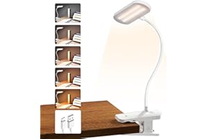 HECDSTLY Clip on Desk Lamp, Battery Powered Reading Light with Strong Clamp - 5 Colors 5 Brightness, USB Rechargeable Portable Cordless Book Lamp for Bed Headboard Table Bedside Home Office (White)