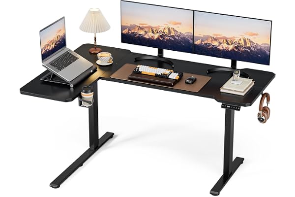 Acrolix 150 cm L format elektriskt stående skrivbord, vändbart stående skrivbord, justerbar höjd för videospel, sitthörnskrivbord för hemmakontor med skarvbräda, kolöverdel
