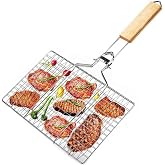 Tyenaza Fish Grilling Basket, Folding BBQ Grill Basket, Portable Stainless Steel BBQ Grill Basket with Wooden Handle for Fish
