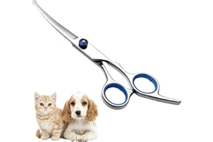 KMZ Pet Grooming Scissors 6" Dog Curved Scissors with Safety Round Tip Stainless Steel Pet Grooming Dog Cat Hair Cutting Trimming Scissors for All Dogs Grooming Family (Blue Curved Scissor)
