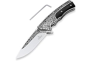 YiMai Navaja Plegable, Cuchillo de Caza con Acero Decorativo en Relieve y Mango de Madera, Navaja de Bolsillo para Exteriores y Supervivencia (Negro)