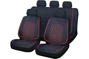 OFFICINE MILANO IL TUO STILE IN AUTO. Set Coprisedili Auto Universali 11 Pezzi Anteriori e Posteriori, Tessuto Lavabile, Antiscivolo Elasticizzato Trapuntato in Poliestere, Cerniere per Sedili (Nero-Rosso) -OFFICINE MILANO