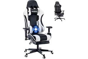 Bonzy Home Massage Gaming Chair for Adults with Footrest, Video Game Chair High Back Racing Gamer Chair with 2D Armrests, Ergonomic Computer Chairs for Kids Boys GirlsTeens, White