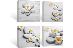 SUMGAR Yellow and Grey Flowers Canvas Pictures Bathroom Wall Art Mustard Frangipani Floral Zen Stone Pebble Framed Prints Modern Bedroom Toilet Art Painting Artwork 30x30cm 4 Panels