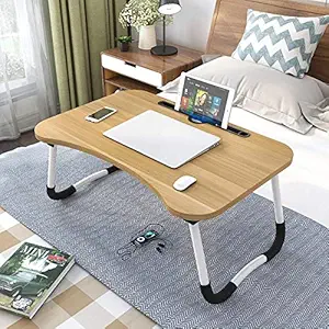 LYT Smart Multipurpose Foldable Laptop Table with Cup Holder, Study Table, Bed Table, Breakfast Table, Foldable and Portable/Ergonomic & Rounded Edges/Non-Slip Legs(Wood Color)