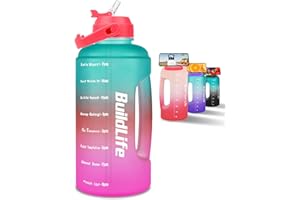 BuildLife 2.2 Litre Water Bottle - Motivational Half Gallon Water Jug w/Straw & Time Marker & Portable Handle BPA Free Leakproof Reusable for Fitness, Gym and Outdoor Sports(Green-Pink)