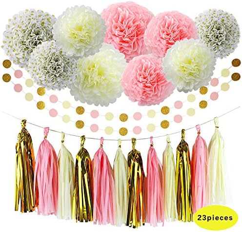 Kenmu Lovely Paper Flowers Cream Gold Tissue Paper Pom Pom Flower with Paper Tassel Garland Circle Garland for Pink Gold Birthday Wedding Party Decoration Baby Shower Bridal Shower Decoration (white set)