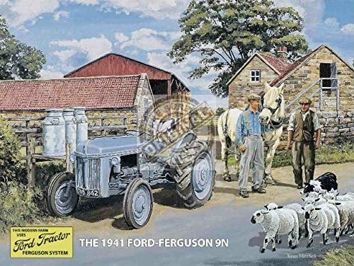 Classic Ford Ferguson 9N Tractor Old Vintage Dairy Farm 1941. On the farm with sheep and sheep dog. Milk churns and grey tractor. fridge magnet
