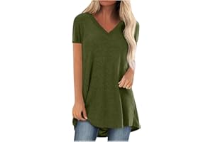 SHZFGUI Pullover Femme Manche Courte À Jabot Col V Pullover Polyester Uni Respiran Chemisie Femme Confortable Été Tunique