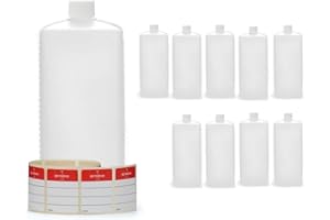 Octopus Bouteilles en Plastique 10 x 1000 ML, PE-HD avec Bouchon à Vis Blanc, Carrées - 10 Étiquettes Incluses