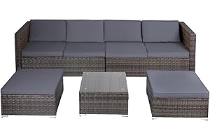 Panana 6 Seater Rattan Garden Furniture Set Wicker Patio Lounge Sofas with Table Stools Sectional Modular Combination for Conservatory Outdoor Backyard Poolside