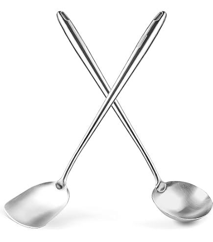 Lot De 2 Ustensiles De Cuisine Inox 304 : Spatule Et Louche à Soupe - Manche Bois Long, Résiste à La Chaleur