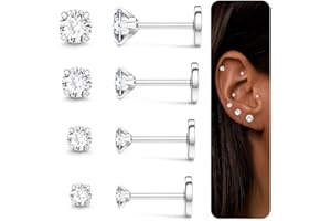 LOLIAS 4 Pares 16G Acero Inoxidable Tragus Piercing para Mujeres Hombres Helix Piercing Labio Stud Pendientes Nariz 2/3/4/5 MM Cubic Zirconia Opal Monroe Piercing Oreja Cartilago Joyas
