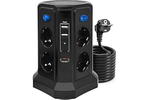 RUMICET 12 en 1 Tour Multiprise Electrique 3M, 4000W/16A Tour Multiprise avec PD20W Charge Rapide, 8 Prises et 4 USB Ports(2A&2C), 4 Interrupteur indépendant, Parafoudre et Surtension pour Maison, Bureau