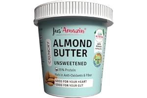 Jus' Amazin Crunchy Almond Butter - Unsweetened (1 Kg Tub) | 25% Protein | Only Whole Almonds (100% Pure) | Zero Additives | 100% Natural | Dairy Free | Keto | Plant Based Nutrition | Clean Nutrition