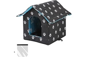 LUNNTE Katzenhaus Outdoor, Katzenhöhle für Draußen, Katzenhaus Für Draußen Winterfest Wasserdicht, Welpenhütte im Freien, Mit abnehmbarem Transparentem Vorhang (M, Black)